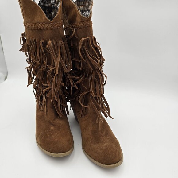 Tan Fringe Cowboy Boots Suede-Like Fabric Block Heel Western Style Size 6 - Picture 2 of 4